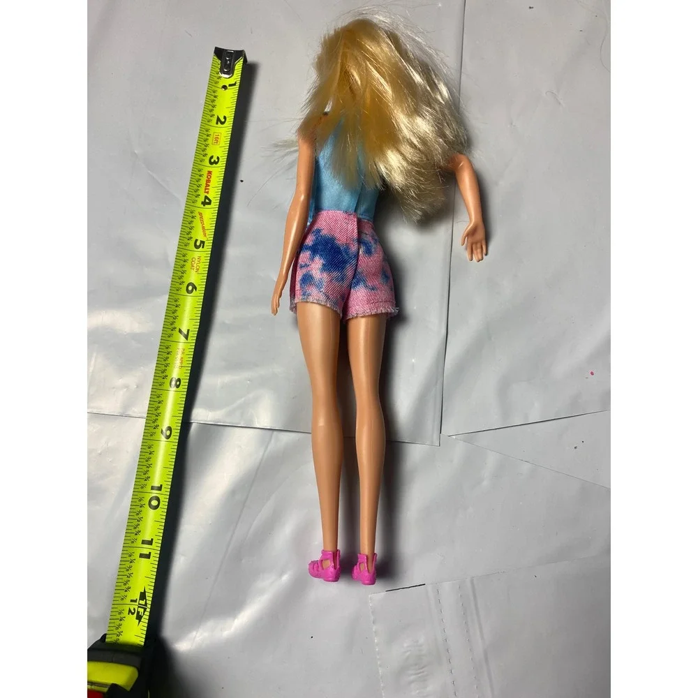 Mattel Barbie Doll Blonde Blue Eyes Blue Tie Front Top Tie Dye Shorts Pink Shoes